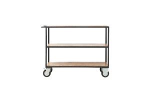 Productafbeelding van lage zwarte en houten stalen kastje met 4 wielen