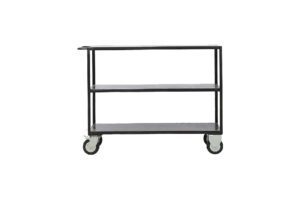 Productfoto van zwarte ijzeren kastje met 4 wielen en 3 lagen