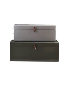 Productafbeelding opbergkoffertjes van staal in de kleuren groen en grijs